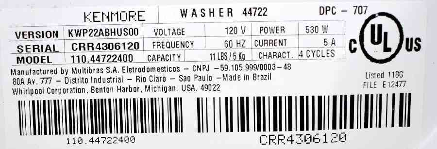 kenmore washer 44722