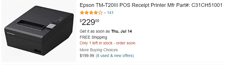 Epson TM-T20III POS Receipt Printer Mfr Part#: C31CH51001