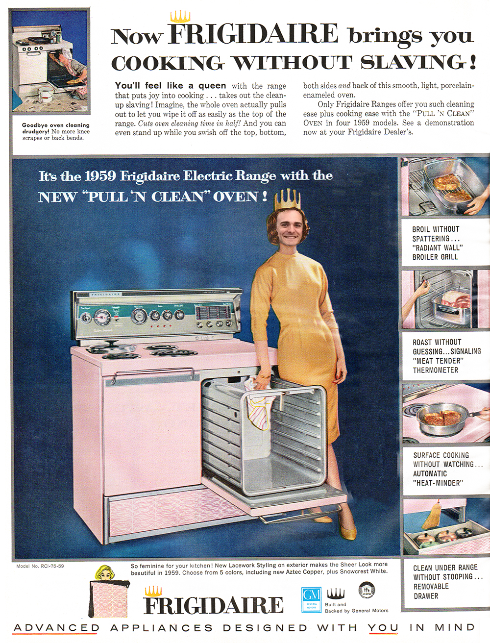 1960 Frigidaire yellow pink pull n clean electric stove range oven vintage  ad